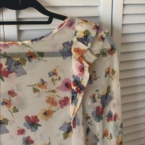 Zara sheer floral blouse, ruffle shoulder